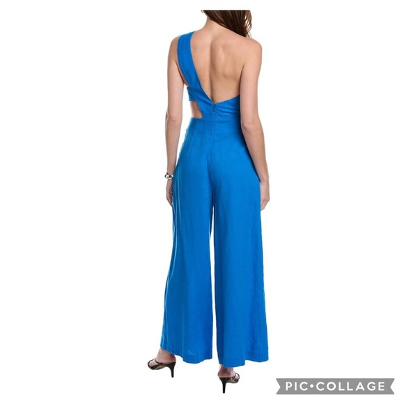 FARM Rio Blue Asymmetrical One Shoulder Linen Blend Jumpsuit Size L - Picture 4 of 16